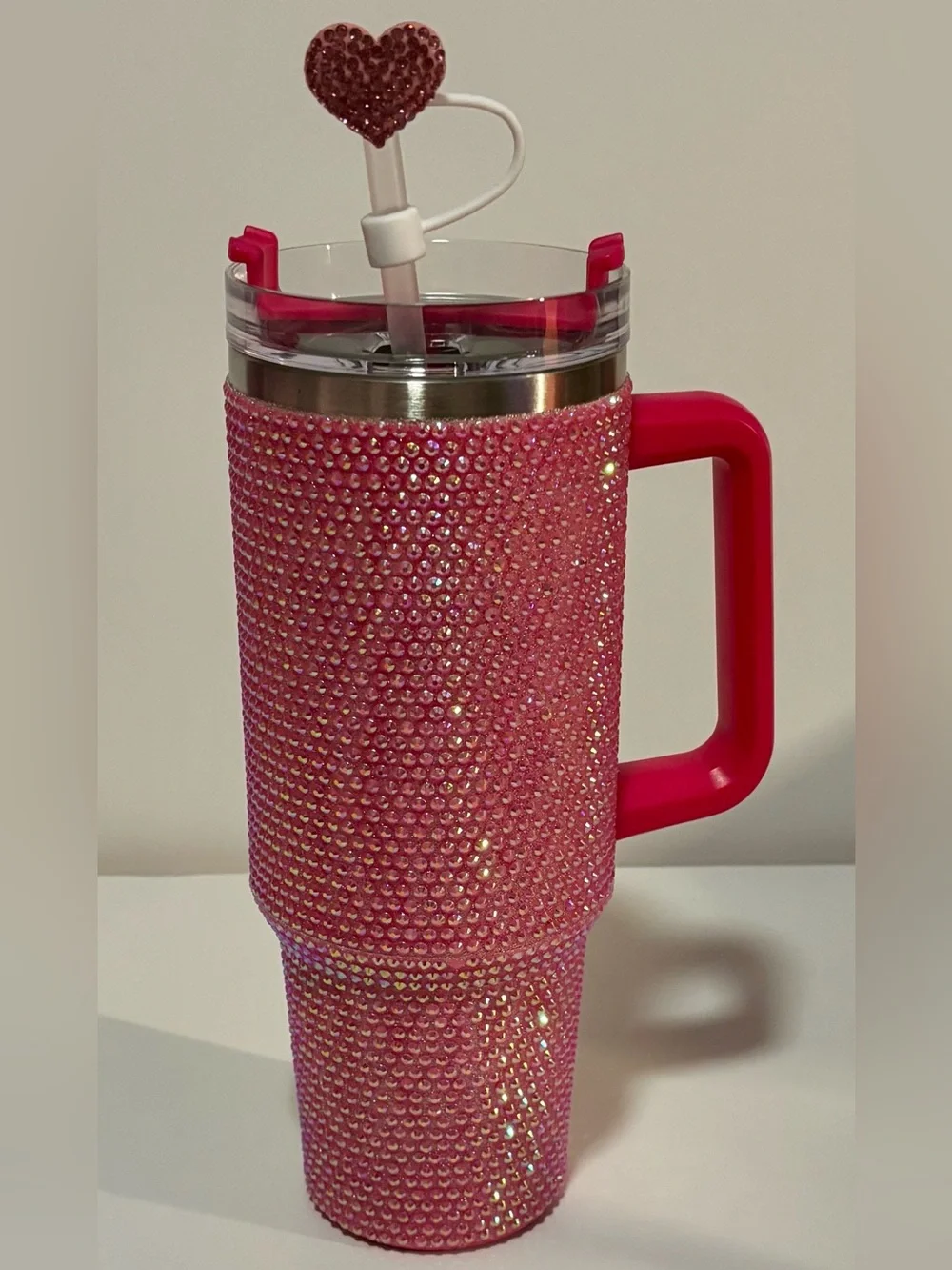 Pink Rhinestone 40 oz Tumbler with Handle + Heart Straw Topper